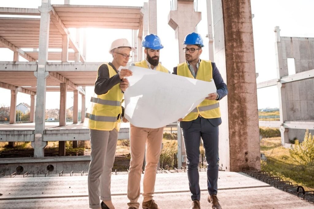 three engineers checking the construction plan